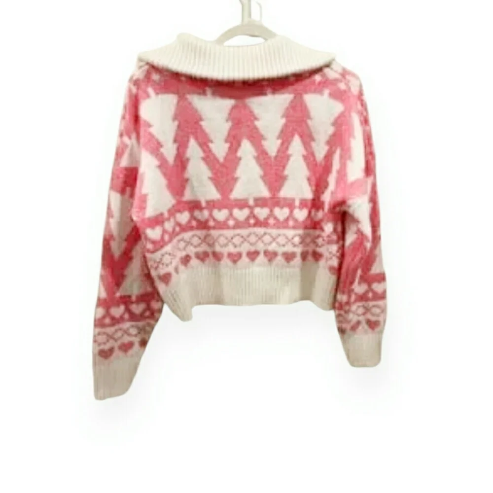 Jessica Simpson Winter Fuzzy Pink Christmas Tree Heart Cropped Half Zip Sweater - Picture 2 of 11